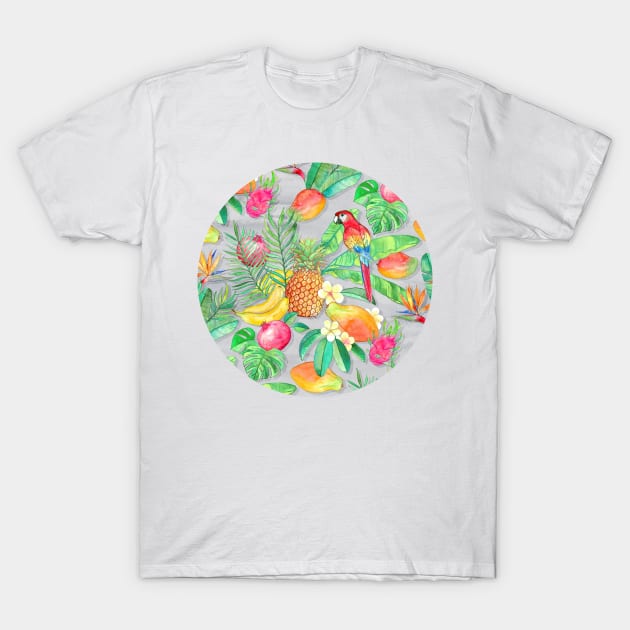 Tropical Paradise Fruit & Parrot Pattern T-Shirt by micklyn